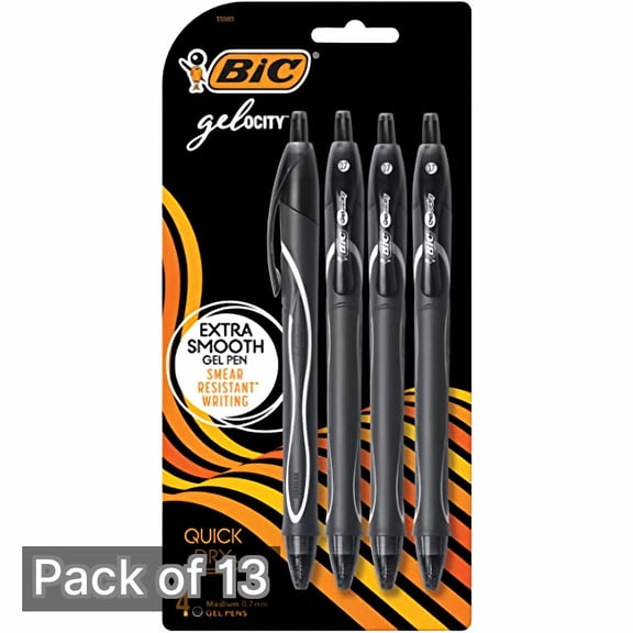 BIC Gelocity Quick Dry Gel Pens, Black Medium Point 0.7mm, 4-Count Package (Pack of 13)