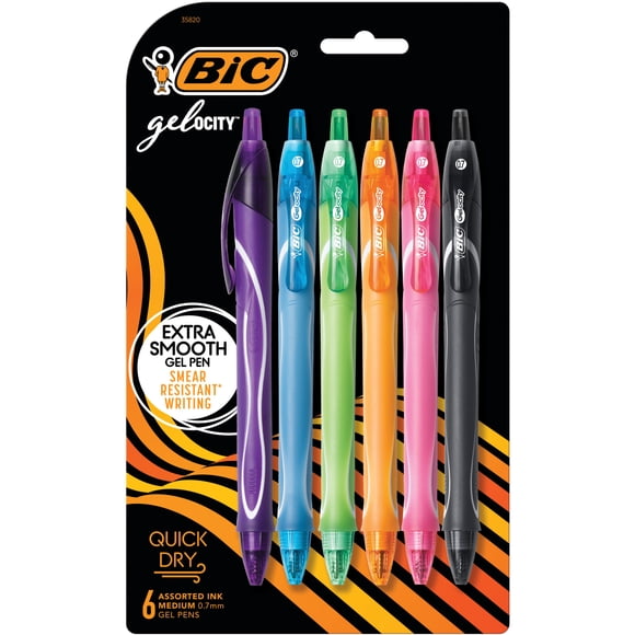 BIC Gelocity Quick Dry Assorted Colors Gel Pens, Medium Point (0.7mm), 6-Count