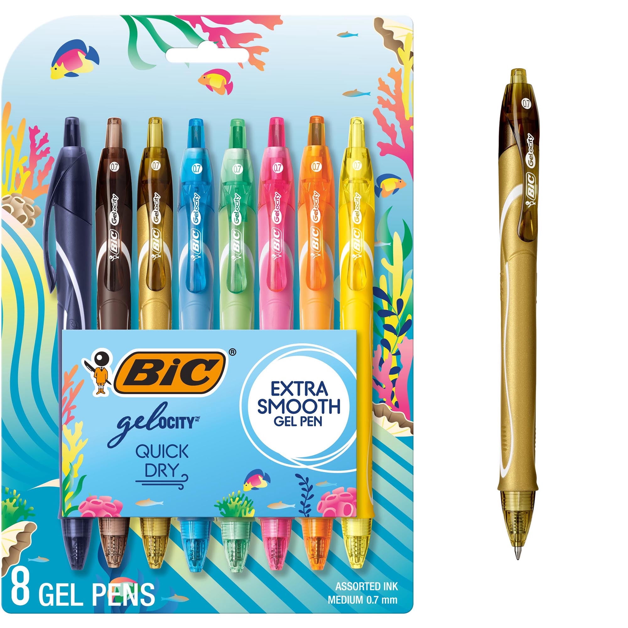 BIC Gelocity Quick Dry Assorted Colors Gel Pens, Medium Point (0.7mm), 8-Count Pack