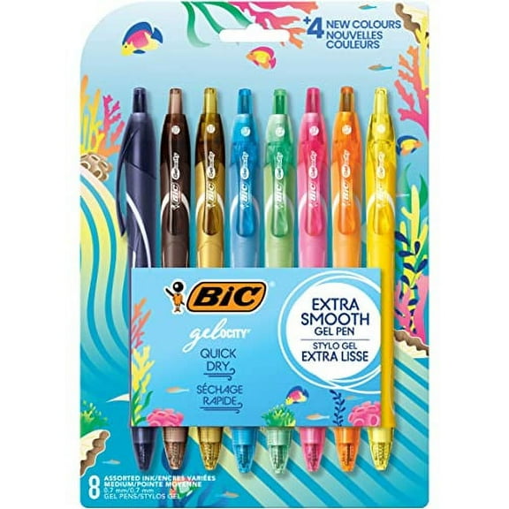 BIC Gelocity Quick Dry Ocean Themed Gel Pens, Medium Point 0.7mm, Assorted Colors, 8 Pack