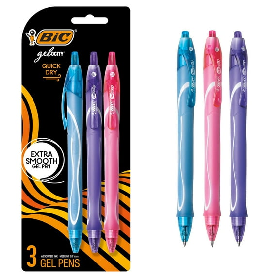 BIC Gelocity Quick Dry Retractable Fashion Gel Pen, Medium Point (0.7 mm), Assorted Colors, 3-Count