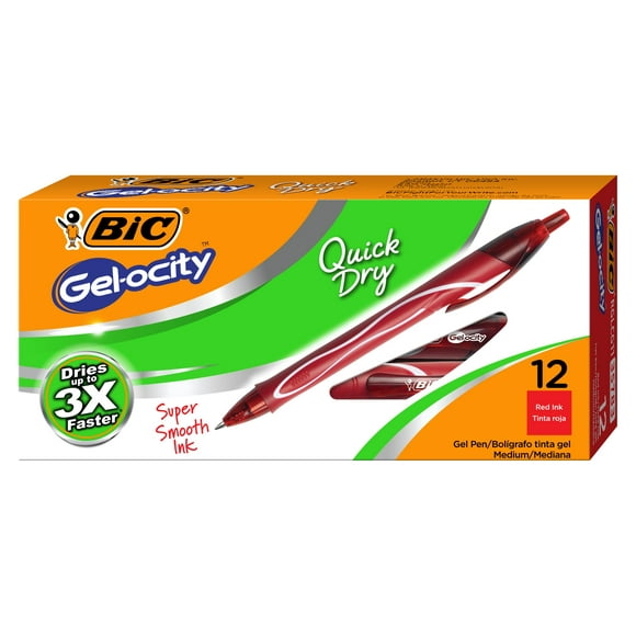BIC Gelocity Quick Dry Retractable Gel Pen, Medium Point (0.7mm), Red, 12 Count