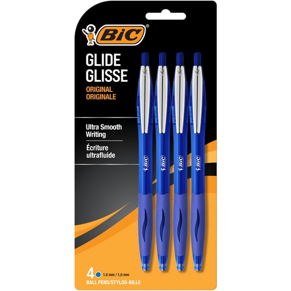 BIC Glide Ballpoint Pen, Medium Point, 1.0 mm, Blue Ink, 4 Count
