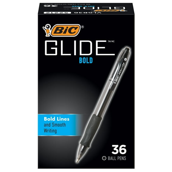 BIC Glide Bold Retractable Ball Pen, Black, 1.6mm Bold Point, 36 Pack
