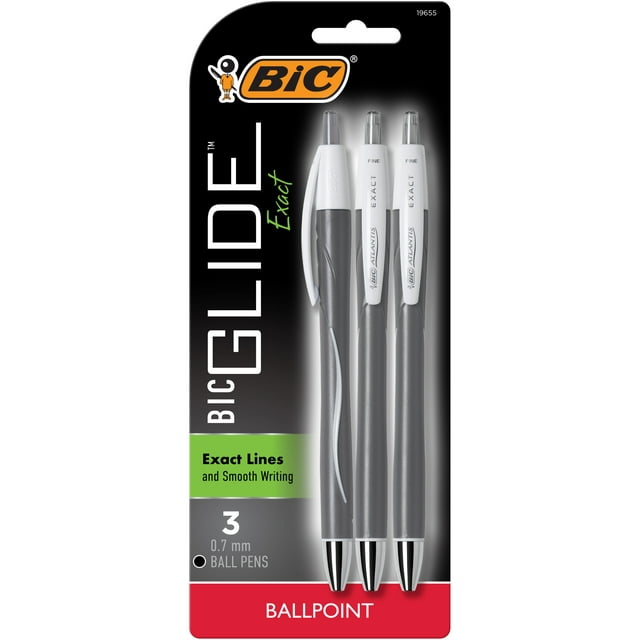 BIC Glide Exact Retractable Ball Point Pens, Fine Point, 0.7 mm, Black Ink, Pack of 3