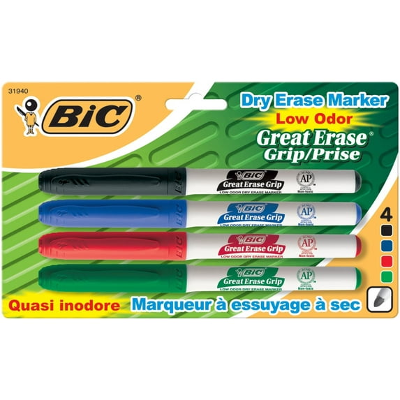 BIC Great Erase Low Odor Dry-Erase Fine Point Markers 4/Pkg Black, Blue, Red & Green