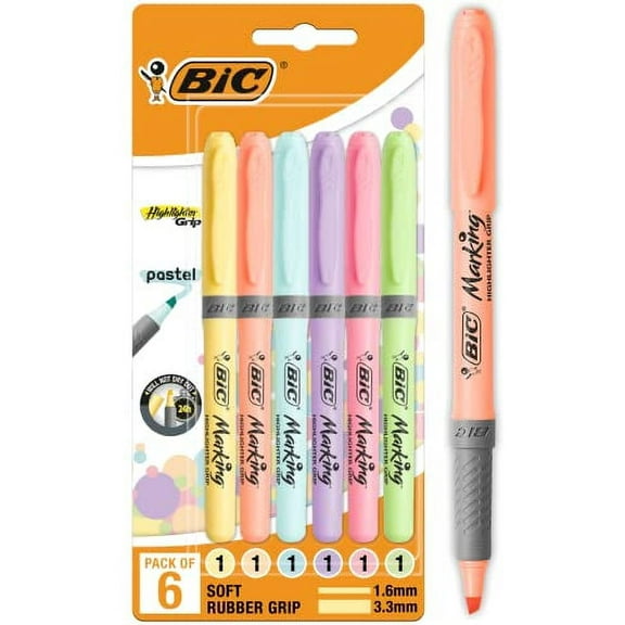 BIC Highlighter Grip Pastel Adjustable Bevelled Tip Markers - Assorted Colors, Pack of 6
