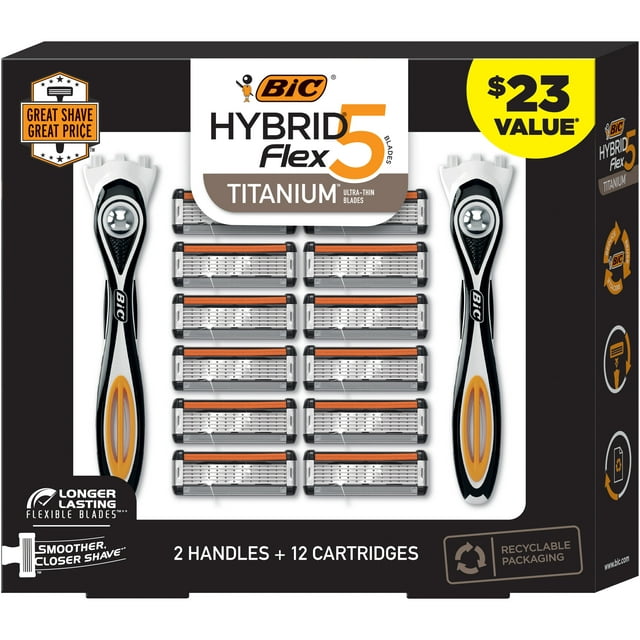 BIC Holiday Men's Gift Set, Hybrid Flex 5, 5 Blade, 2 Handles and 12 Razor Refills