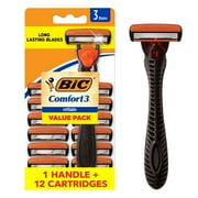 BIC Comfort 3 Refillable Three-Blade Razors for Men, Sensitive Skin Razor for a Comfortable Shave, 1 Handle and 12 Cartridges With 3 Blades, 13 Piece Razor Kit