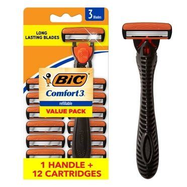 BIC Comfort 3 Refillable Three-Blade Razors for Men, Sensitive Skin Razor for a Comfortable Shave, 1 Handle and 12 Cartridges With 3 Blades, 13 Piece Razor Kit