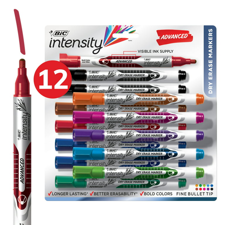 BIC Intensity Advanced Colorful Dry Erase Markers, Fine Bullet Tip,  12-Count Pack of Assorted Colors, Whiteboard Markers for Teachers and  Office