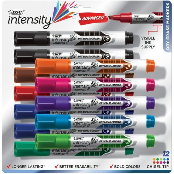 BIC Intensity Advanced Dry Erase Low Odor Marker, Tank, Chisel Tip, Assorted Colors, Set of 12