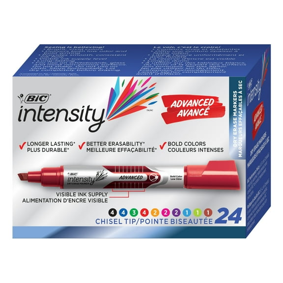 BIC Intensity Advanced Dry Erase Marker, Chisel Tip, Assorted Colors, 24 Pack