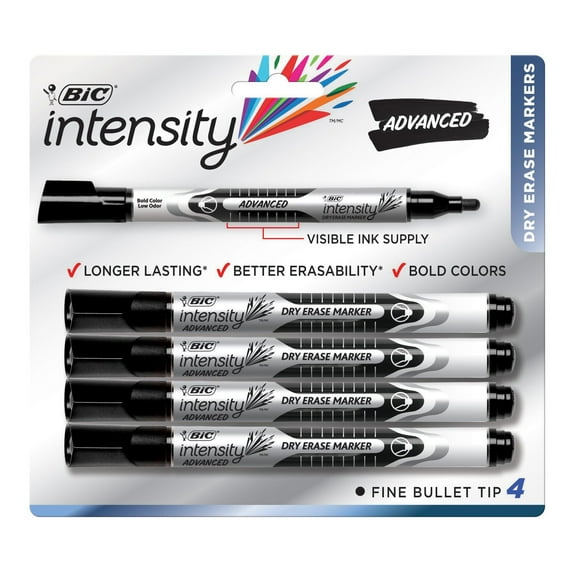 BIC Intensity Advanced Dry Erase Marker, Fine Bullet Tip, Bold Ink, Black, 4 Count