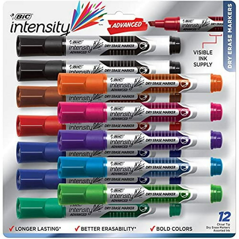 BIC Intensity Advanced Colorful Dry Erase Markers, Fine Bullet Tip,  12-Count Pack of Assorted Colors, Whiteboard Markers for Teachers and  Office Supplies 