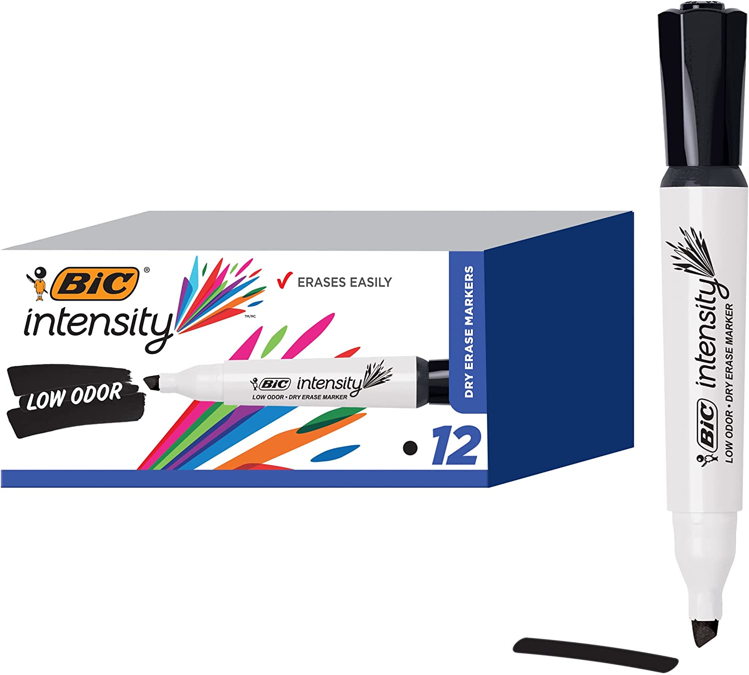BIC Intensity Black Low Odor Dry Erase Markers, Chisel Tip, 12Count