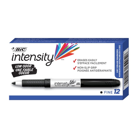 BIC Intensity Black Low Odor Dry Erase Markers, Fine Tip, 12-Count Pack of Erasable Markers With Low-Odor Ink for a Pleasant Writing Experience