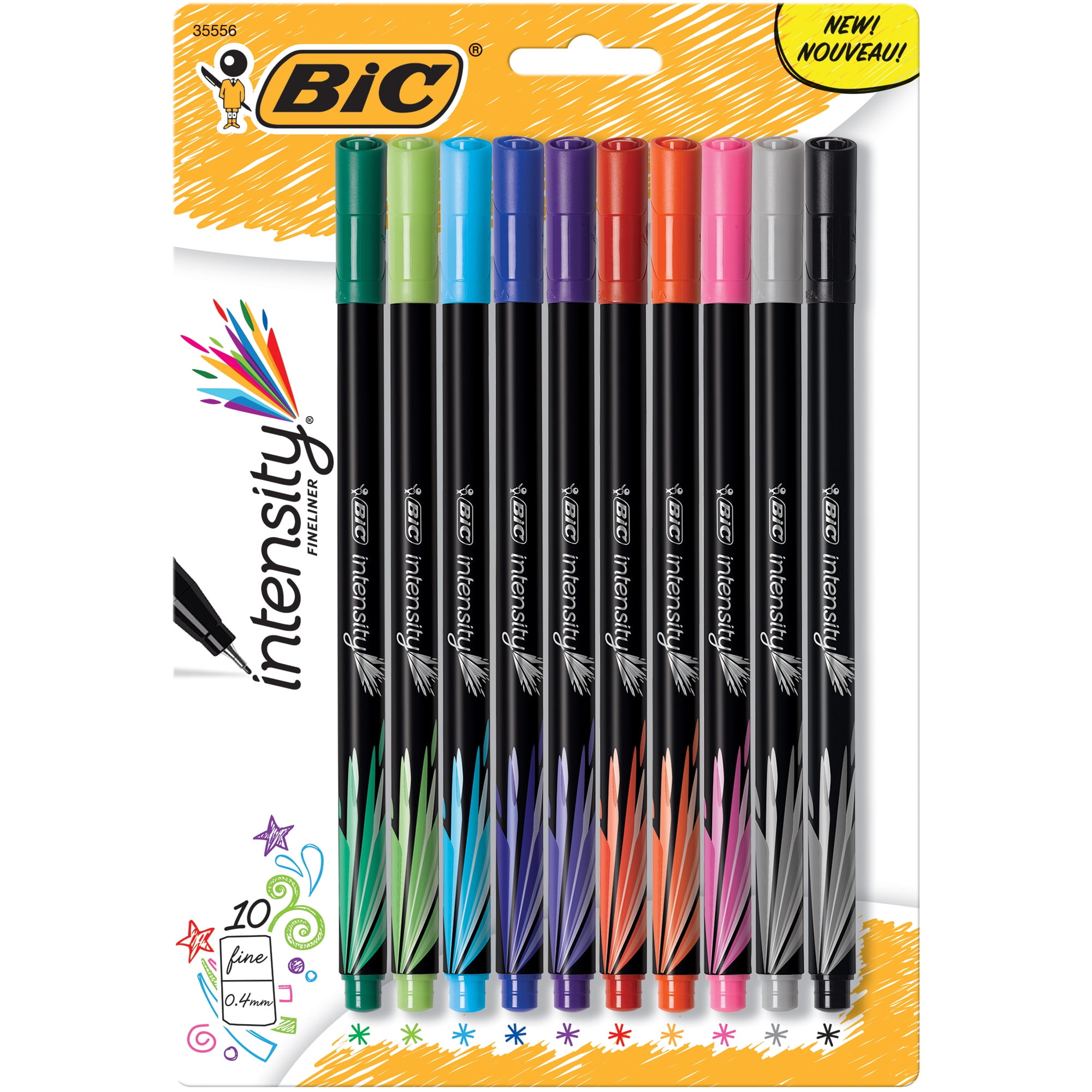 BIC Intensity Fineliner Felt Pens, Fine Point, Assorted Inks, 10