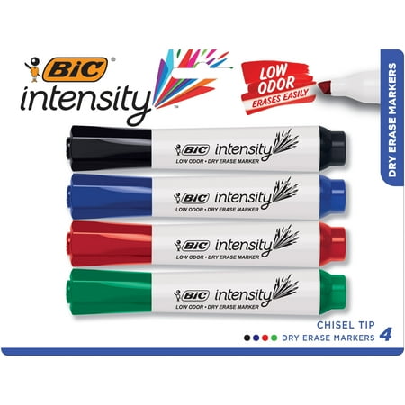 BIC Intensity Low Odor Dry Erase Marker, Chisel Tip, Tank Style, Assorted Colors, 4 Count