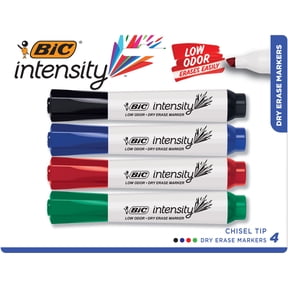 BIC Intensity Low Odor Dry Erase Marker, Chisel Tip, Tank Style, Assorted Colors, 4 Count