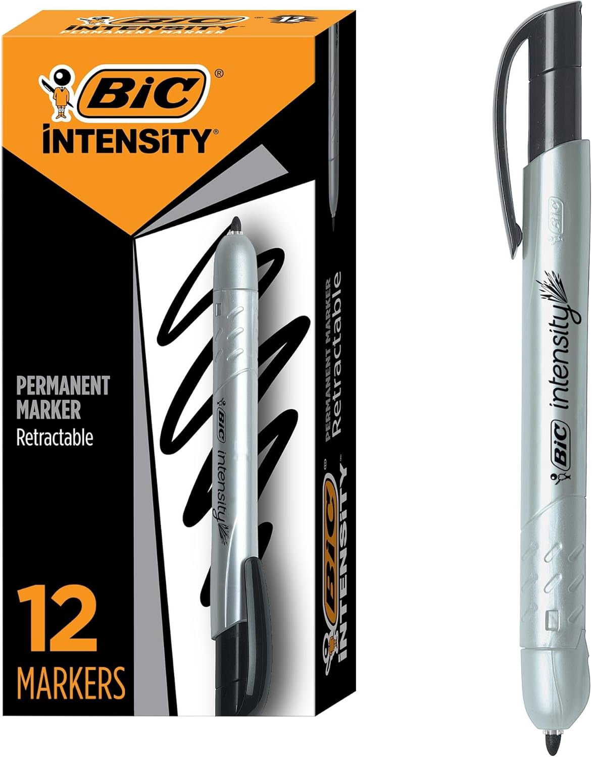BIC Intensity Retractable Permanent Markers, Fine Bullet Tip, Black, 12-Count Pack, Markers for Teachers and Office Supplies