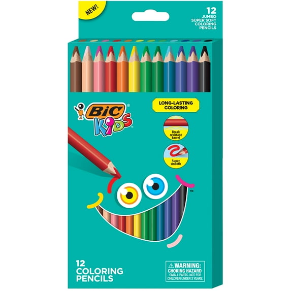 BIC Kids Coloring Jumbo Size Art Pencils, Super-Soft Lead, Assorted Colors, 12-Count