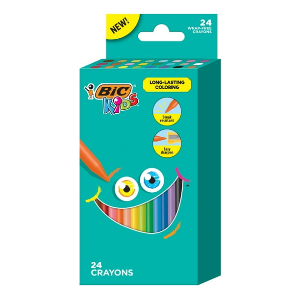 BIC Kids Crayons for Long-Lasting Coloring, Assorted Colors, 24 Count Wrap-Free Crayons