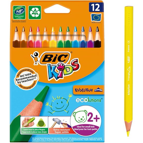 BIC Kids Evolution ECOlutions, Triangular Colouring Pencils, Ideal for School, Assorted Colours, Pack of 12