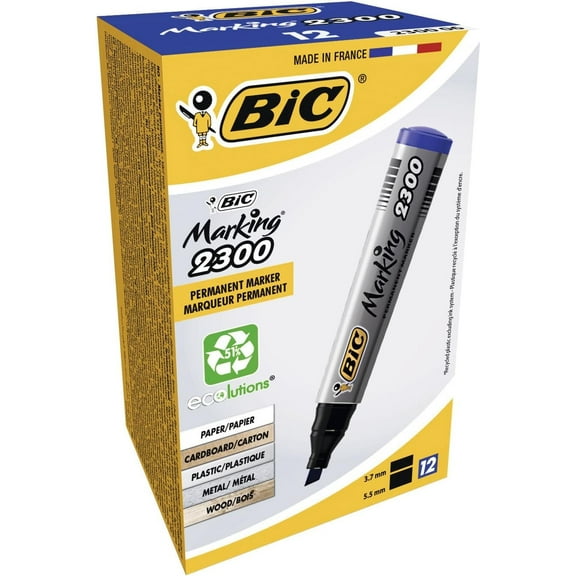 BIC Marking 2300 ECOlutions Permanent Medium Beveled Tip Markers - Blue, Box of 12
