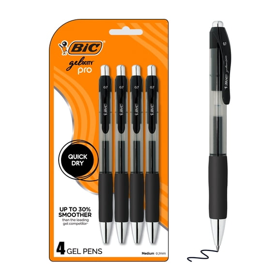 BIC Gelocity Pro Black Gel Pens Medium Point 0.7 mm Smear-Resistant Ink 4-Count