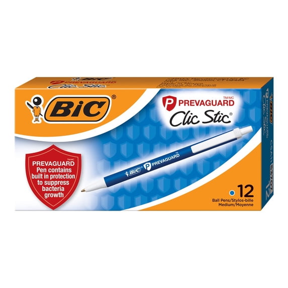 BIC PrevaGuard Clic Stic Ballpoint Pen, 12-Count, Built-in Bacteria Protection, Blue