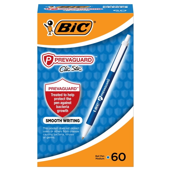 BIC PrevaGuard Clic Stic Ballpoint Pens, Medium Point (1.0mm), Blue, 60 Pack