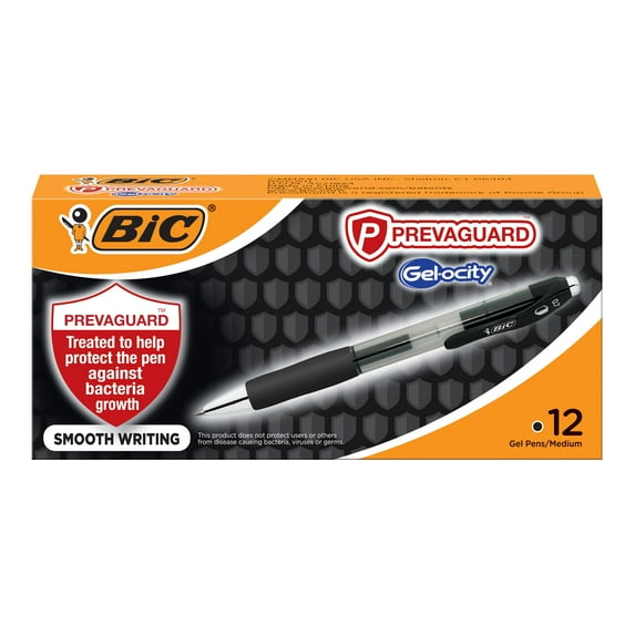 BIC PrevaGuard Gel-ocity Gel Pen With Built-in Protection To Suppress Bacteria Growth On The Pen, Medium Point (0.7mm), Black, 12-Pack