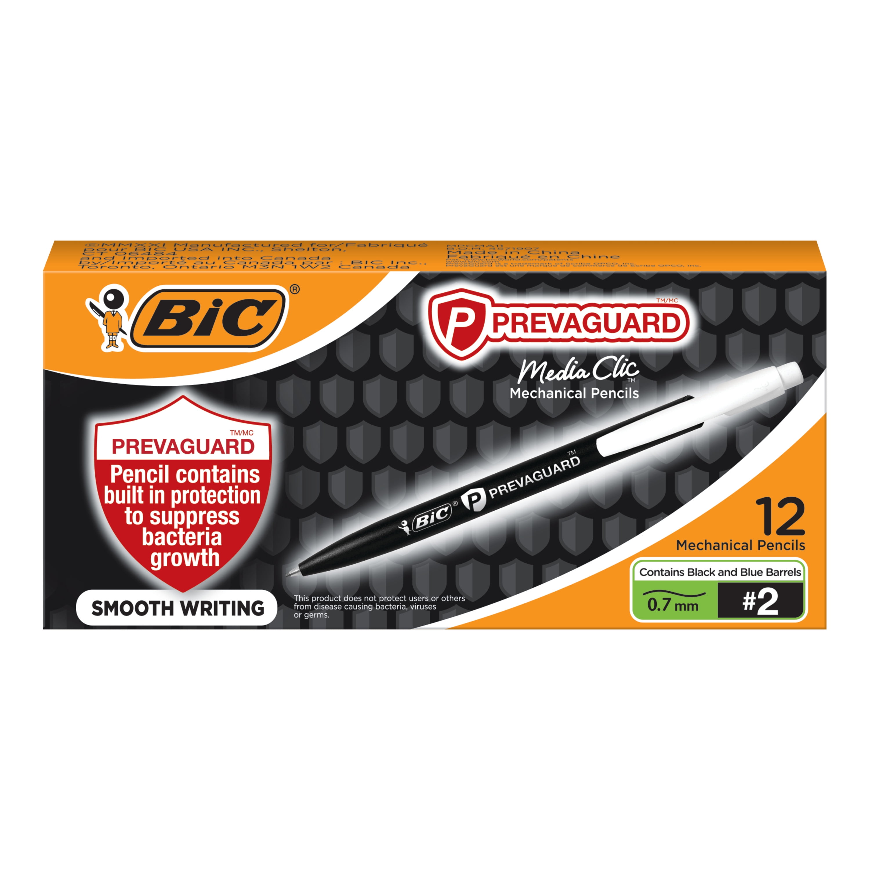 BIC PrevaGuard Media Clic #2 Mechanical Pencil, Medium Point (0.7mm), 12-Count, Smooth Writing, Contains Built-In Protection on the Pen