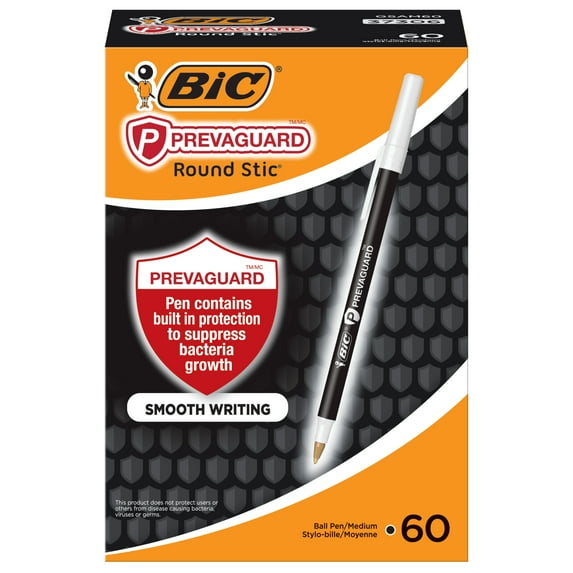 BIC PrevaGuard Round Stic Ballpoint Pens, Medium Point, 1.00 mm, Black Ink, 60 Count