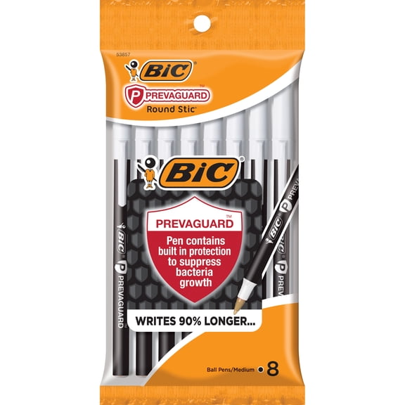 BIC PrevaGuard Round Stic Pens, Built-in Protection to Suppress Bacteria Growth, Black, 8 Count