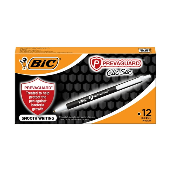 BIC Prevaguard Black Retractable Ballpoint Pens, 1.0mm, 12 Pack