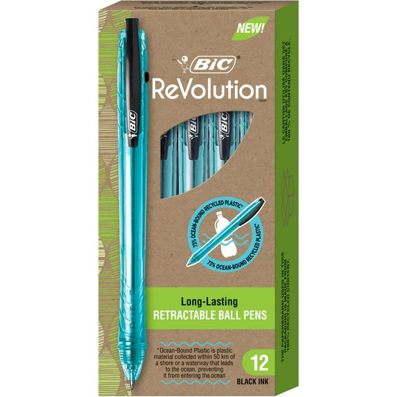 BIC ReVolution Ocean-Bound Recycled Plastic Ball Pen, Med Point, Black, 12-Count