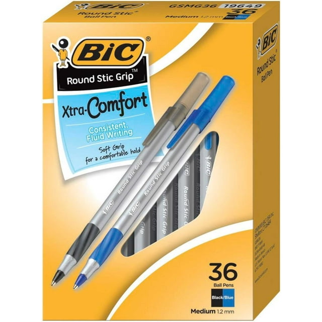 BIC Round Stic Grip Ballpoint Pen, 1.2 mm Medium Tip, Black/Blue, Pack of 36
