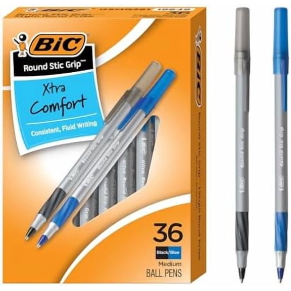 BIC Round Stic Grip Xtra Comfort Assorted Colors Ballpoint Pens, Medium Point (1.2mm), 36-Count Pack, Perfect Writing Pens With Soft Grip for Superb Comfort and Control