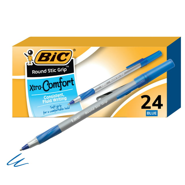 BIC Round Stic Grip Xtra Comfort Ballpoint Pen, Classic Medium Point (1.2 mm), Box of 24 Blue Pens