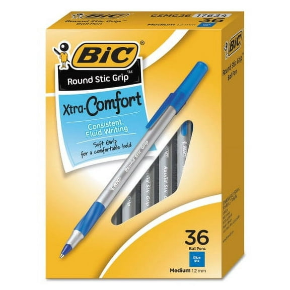 BIC Round Stic Grip Xtra Comfort Ballpoint Pen Value Pack, Easy-Glide, Stick, Medium 1.2 mm, Blue Ink, Gray/Blue Barrel, 36/Pack