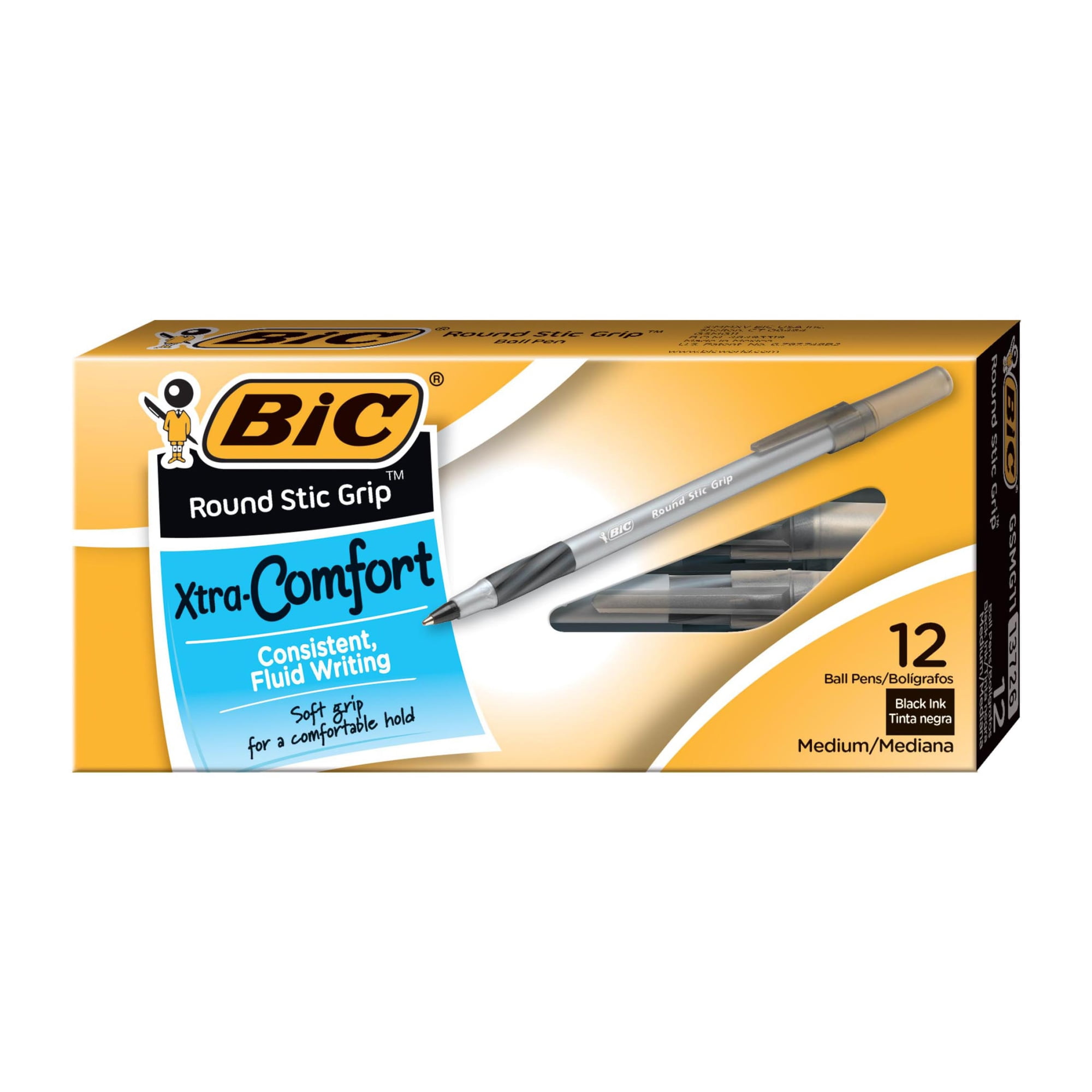 BIC® Round Stic Grip™ Xtra-Comfort Ballpoint Pens, Medium Point, 1.2 mm, Gray Barrel, Black Ink, Pack Of 12