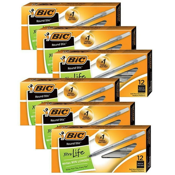 BIC Round Stic Pen, Medium Point, Black, 12 Per Pack, 6 Packs