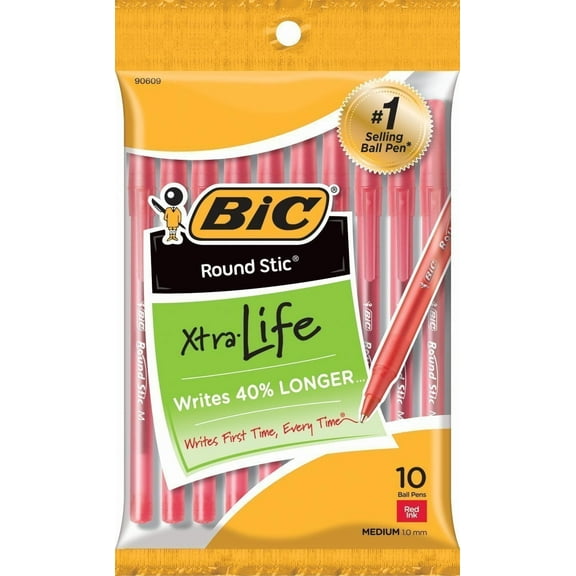 BIC Round Stic Xtra Life Ball Pen, Medium Point 1.0mm, Red, 10-Count 3-Pack
