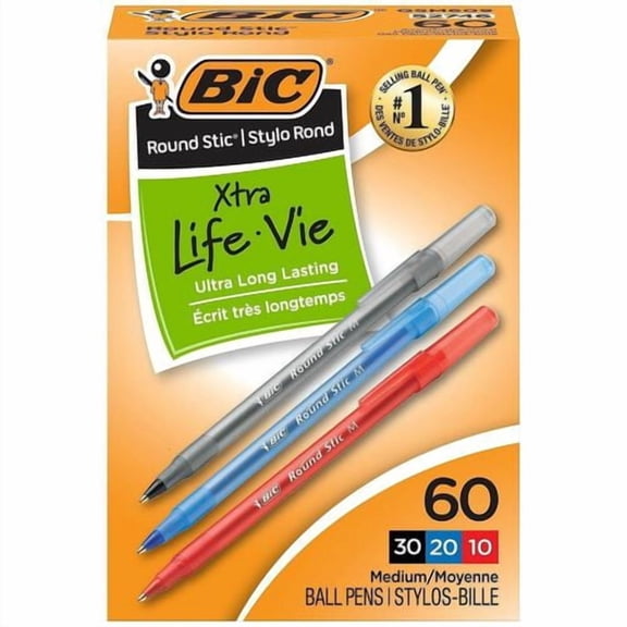 BIC Round Stic Xtra Life Ball Point Pen, Assorted, Assorted Ink, Translucent Barrel (GSM609AST) | 2 Boxes