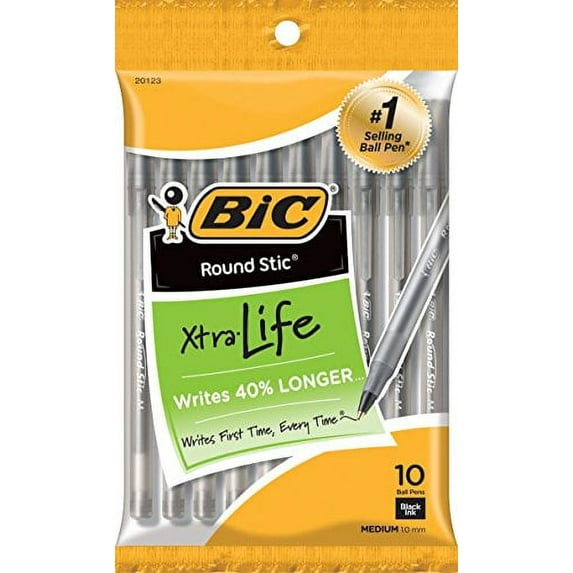BIC Round Stic Xtra Life Ballpoint Pen, Medium Point (1.0mm), Black, 10 Count (Pack of 32)