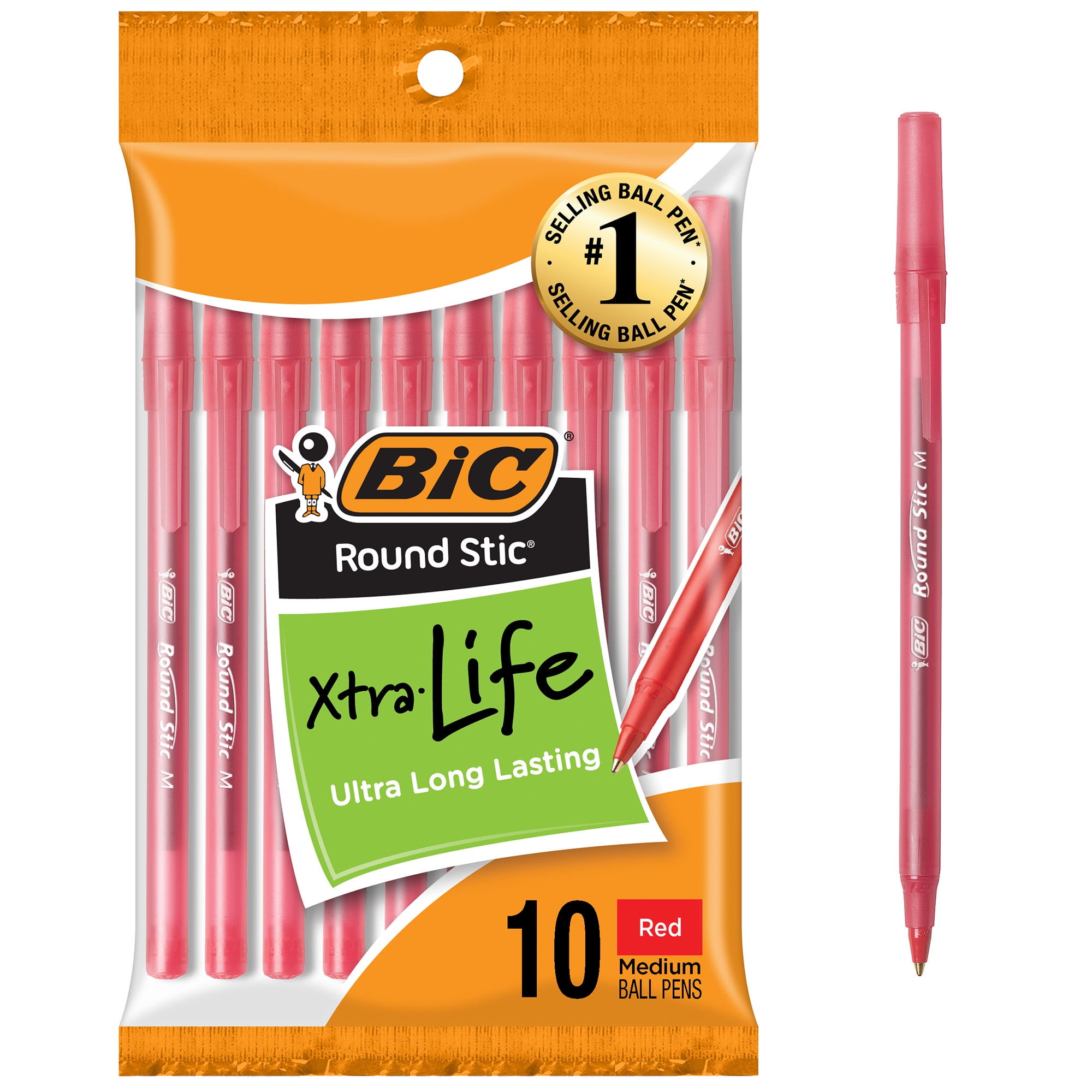 BIC Round Stic Xtra Life Ballpoint Pen, Medium Point (1.0mm), Red, 10 Count