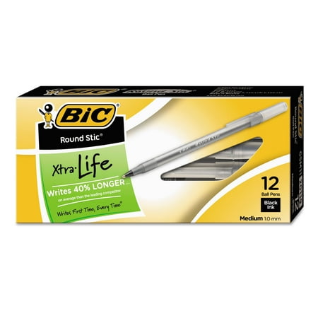 BIC Round Stic Xtra Life Ballpoint Pen, Stick, Medium 1 mm, Black Ink, Translucent Black Barrel, Dozen