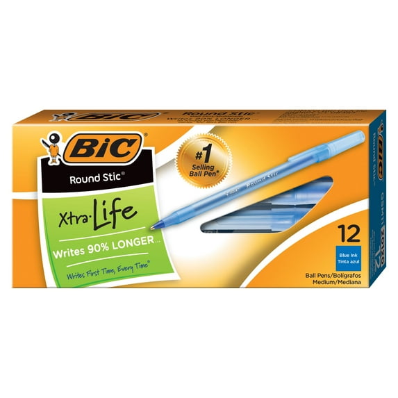 BIC Round Stic Xtra Life Ballpoint Pen, Stick, Medium 1 mm, Blue Ink, Translucent Blue Barrel, Dozen